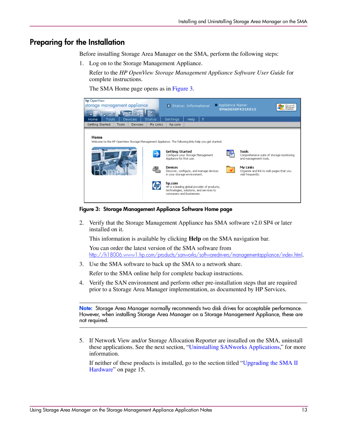 HP 2 SP4 manual Preparing for the Installation, Storage Management Appliance Software Home 