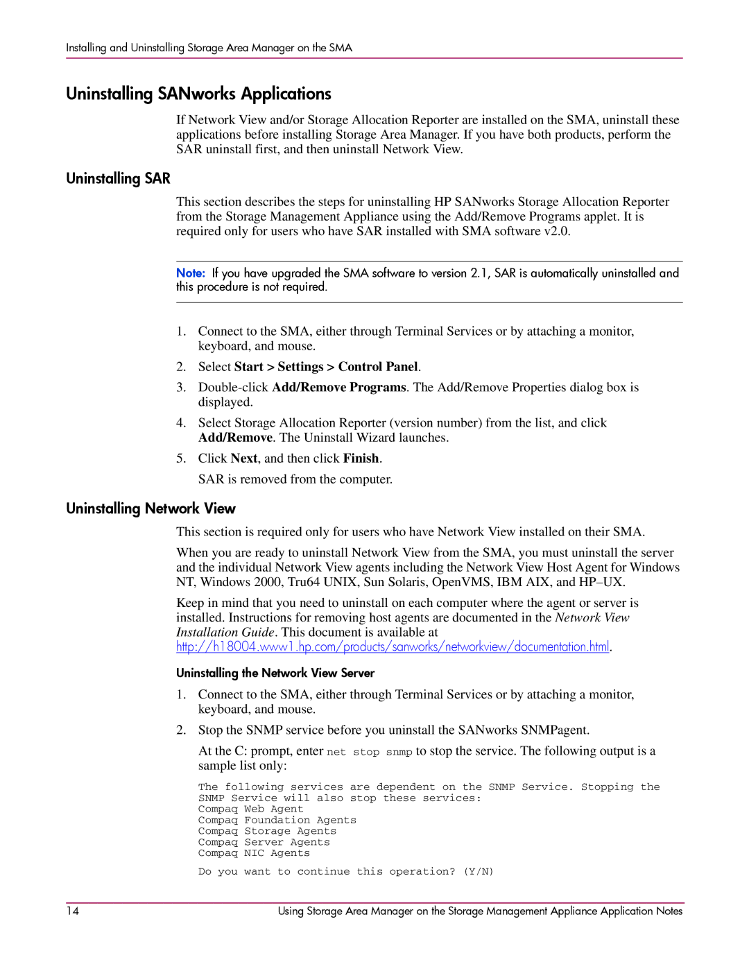 HP 2 SP4 manual Uninstalling SANworks Applications, Uninstalling SAR, Uninstalling Network View 