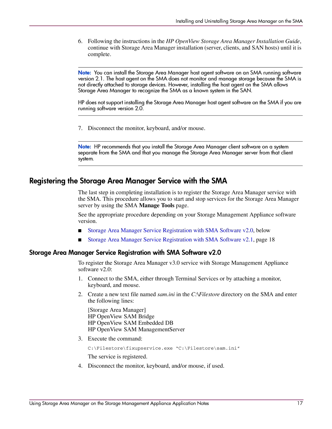 HP 2 SP4 manual Registering the Storage Area Manager Service with the SMA 