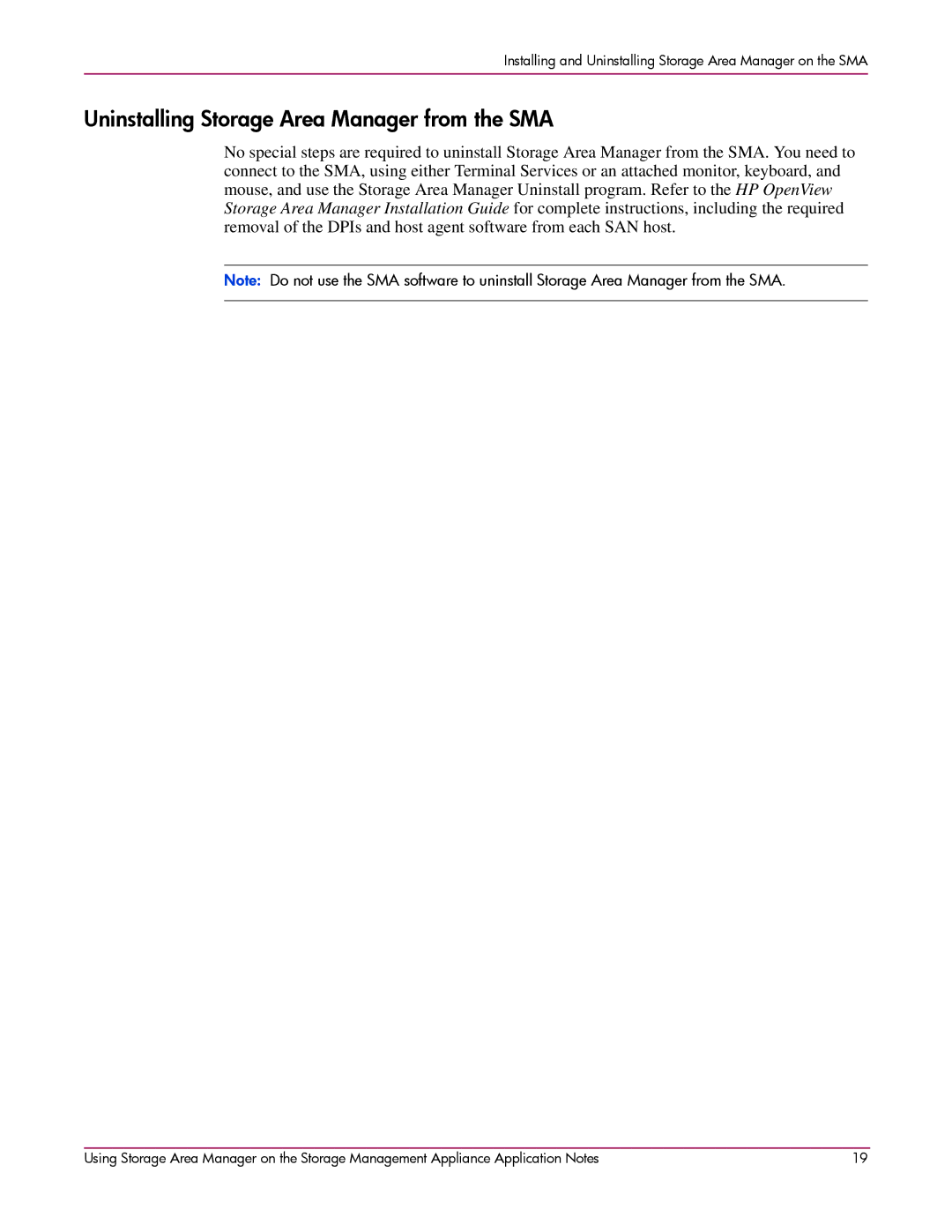 HP 2 SP4 manual Uninstalling Storage Area Manager from the SMA 