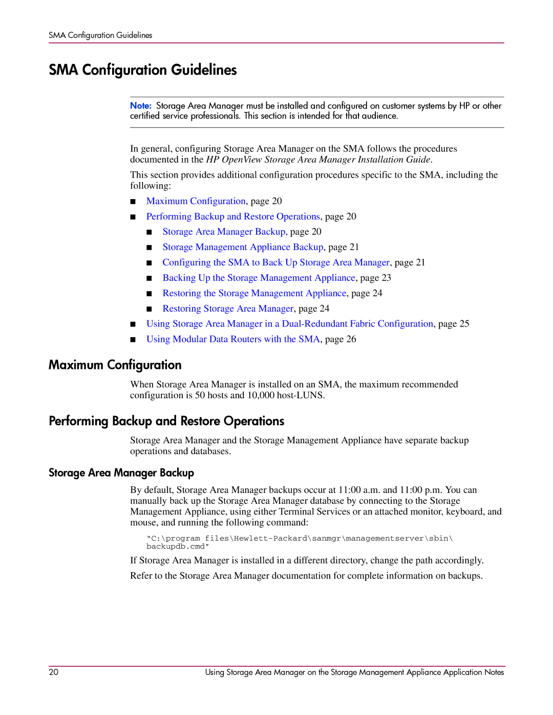 HP 2 SP4 manual SMA Configuration Guidelines, Maximum Configuration, Performing Backup and Restore Operations 