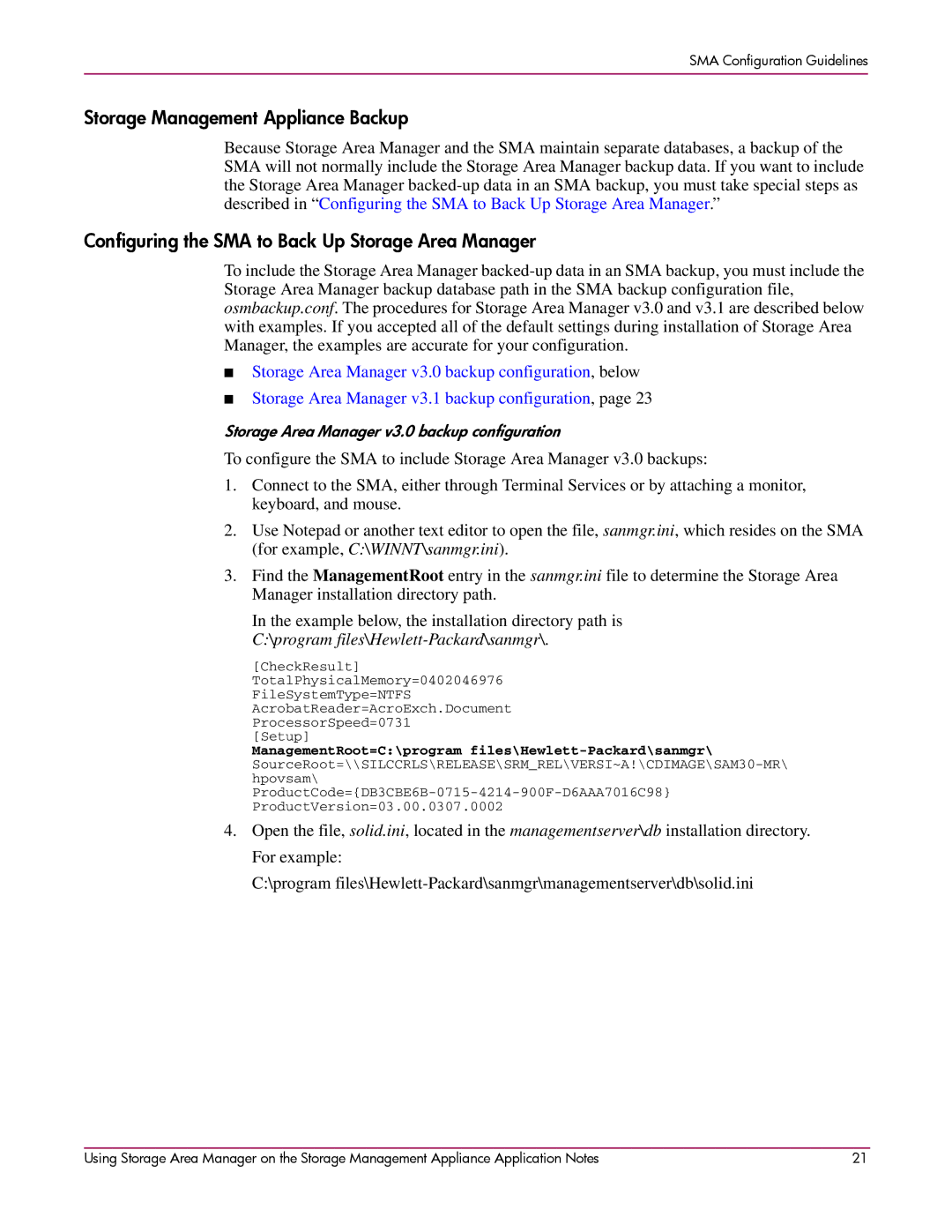 HP 2 SP4 manual Storage Management Appliance Backup, Configuring the SMA to Back Up Storage Area Manager 