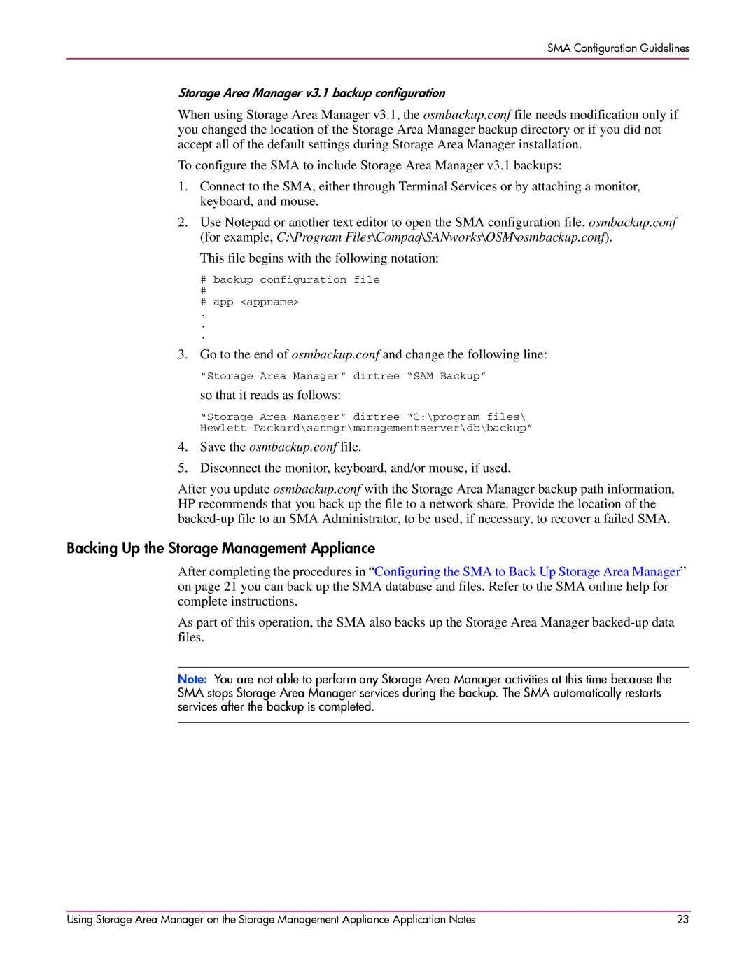 HP 2 SP4 manual Backing Up the Storage Management Appliance, So that it reads as follows 