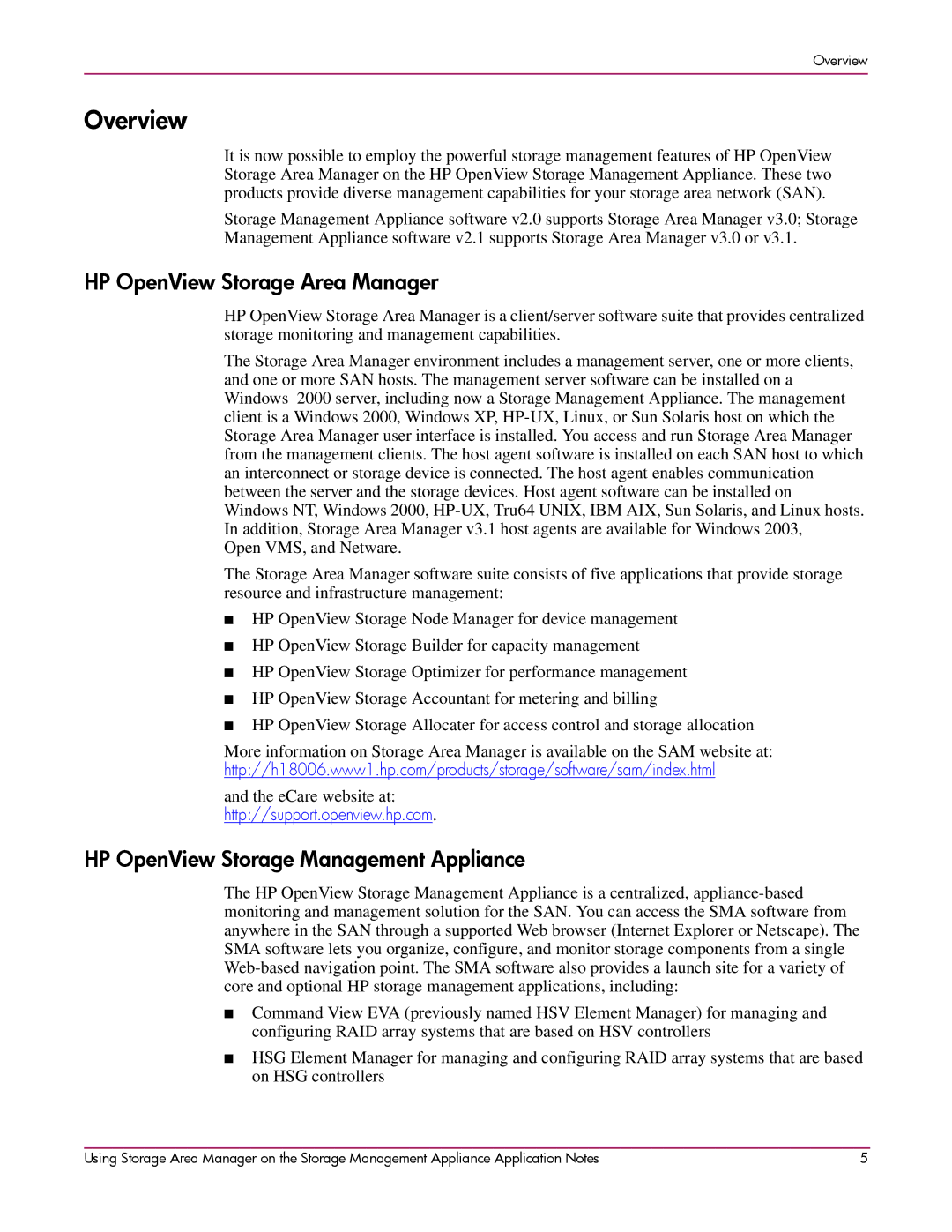 HP 2 SP4 manual Overview, HP OpenView Storage Area Manager, HP OpenView Storage Management Appliance 