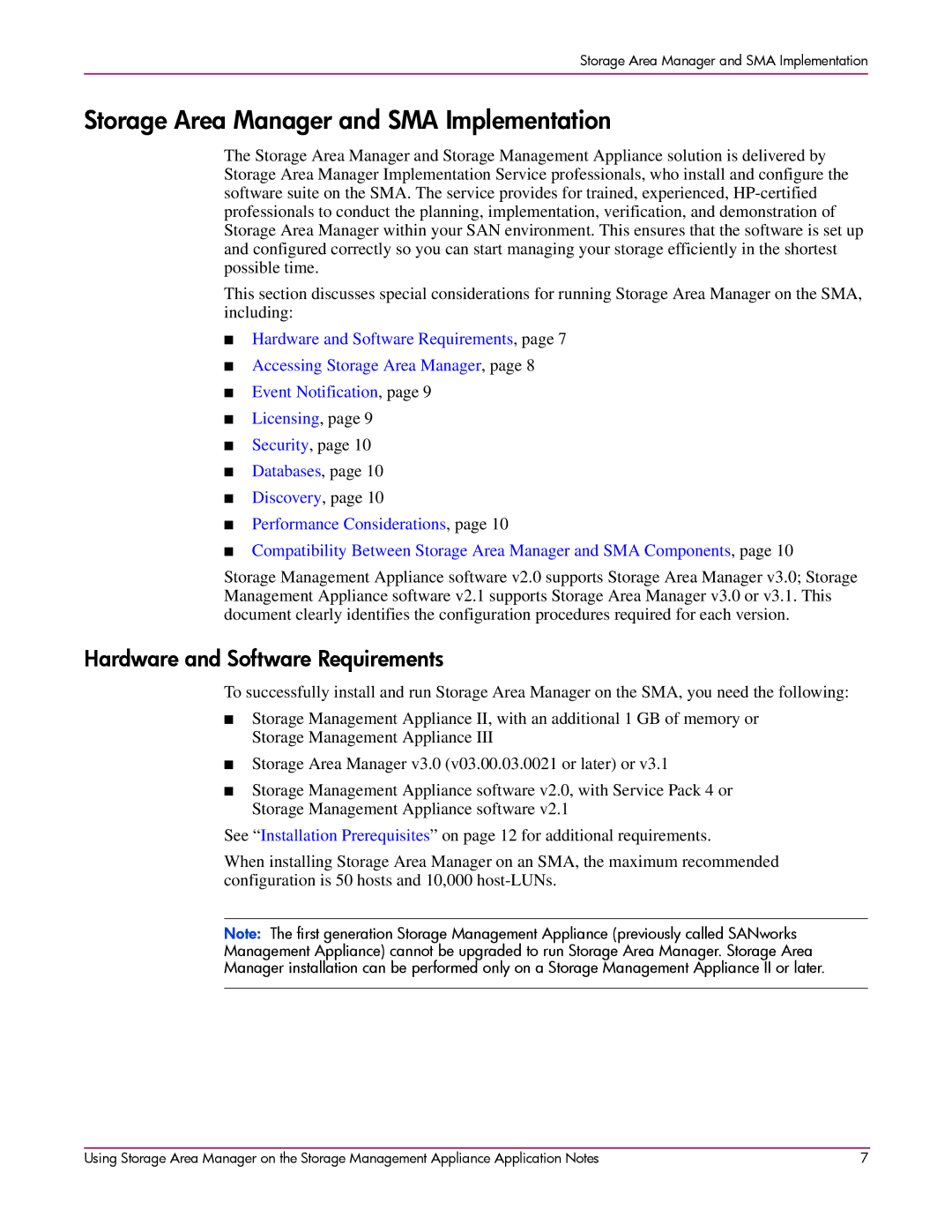 HP 2 SP4 manual Storage Area Manager and SMA Implementation, Hardware and Software Requirements 