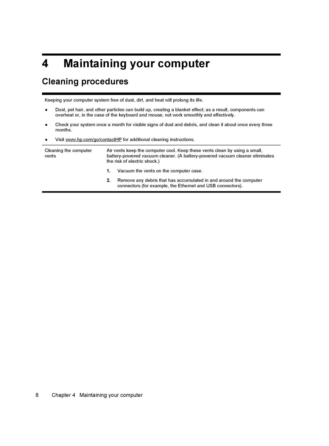 HP 20-b034, 20-f430z, 20-b323w, 20-b313w, 20-b210z, 20-b311, 20-b220t, 20-b309 Maintaining your computer, Cleaning procedures 