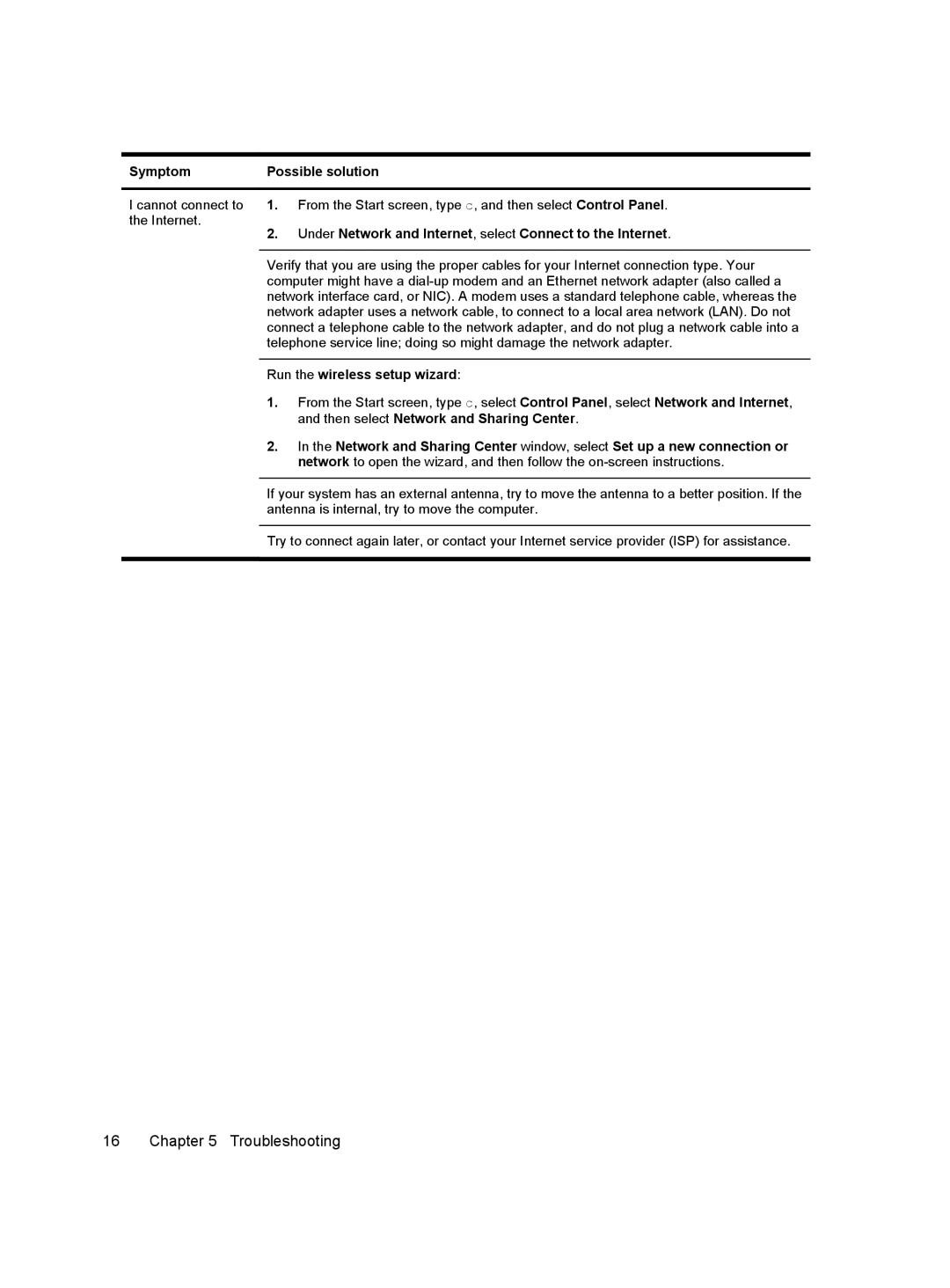 HP 20-b323w, 20-f430z, 20-b313w, 20-b210z, 20-b311 manual Symptom, Under Network and Internet, select Connect to the Internet 