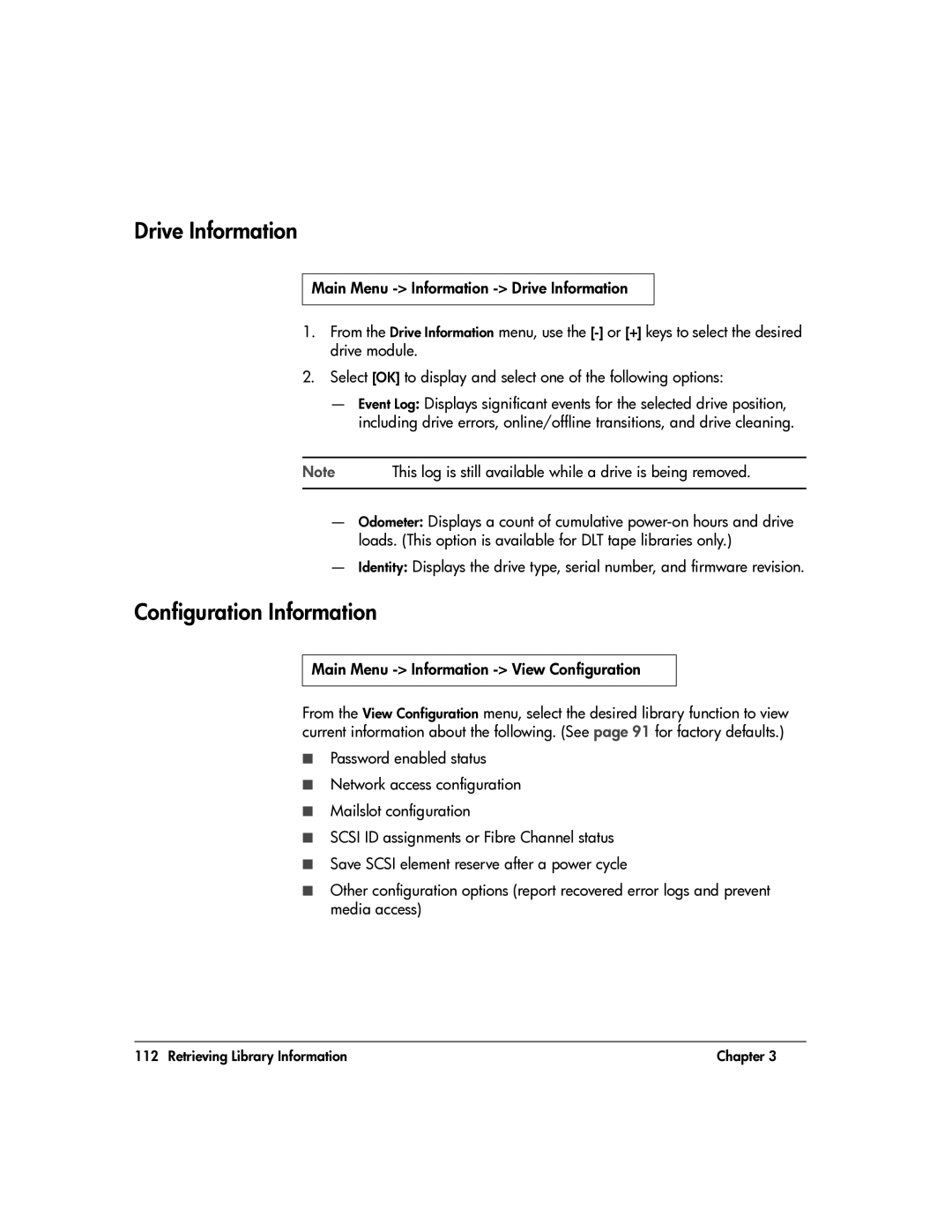 HP 20-Feb manual Drive Information, Configuration Information, Main Menu Information View Configuration 