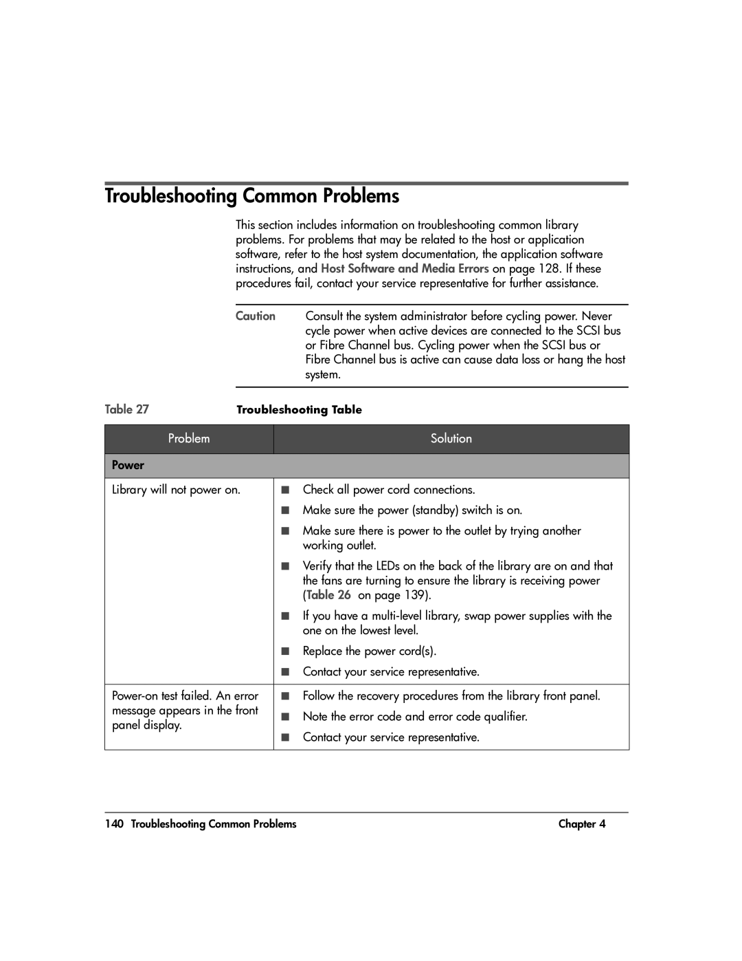 HP 20-Feb manual Troubleshooting Common Problems, Or Fibre Channel bus. Cycling power when the Scsi bus or, System 