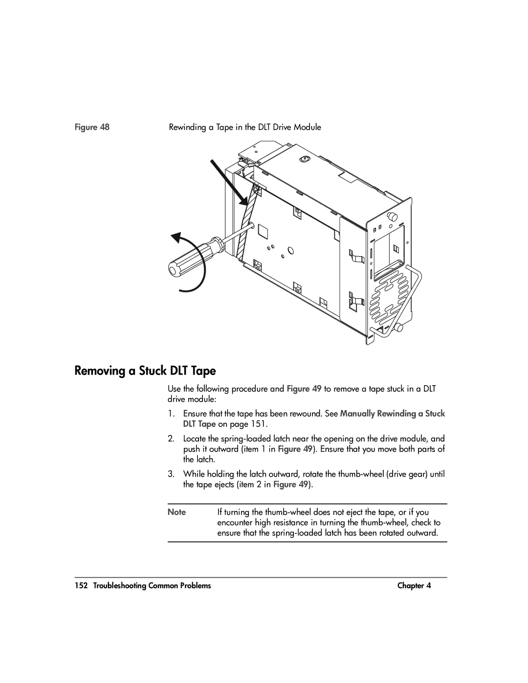 HP 20-Feb manual Removing a Stuck DLT Tape, Ensure that the spring-loaded latch has been rotated outward 