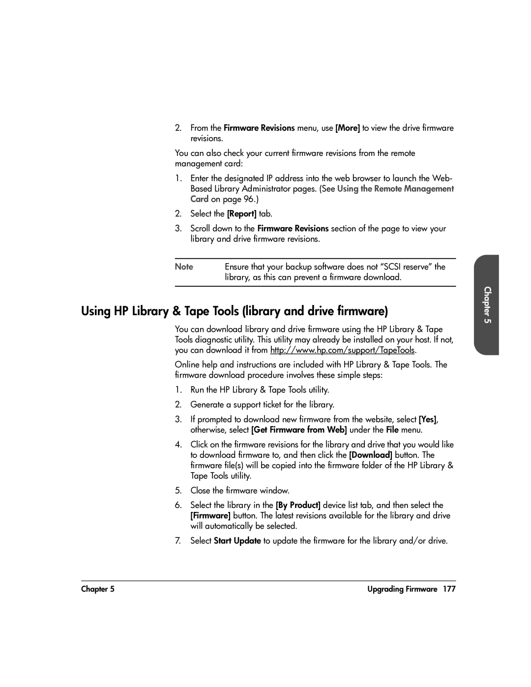 HP 20-Feb manual Using HP Library & Tape Tools library and drive firmware, Library, as this can prevent a firmware download 