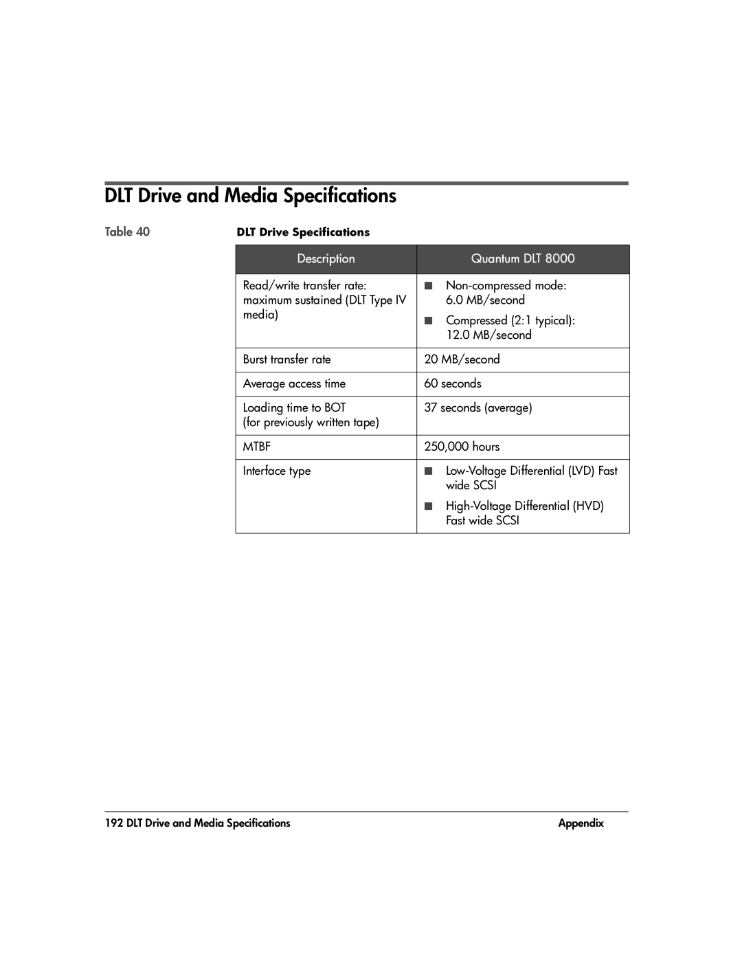 HP 20-Feb manual DLT Drive and Media Specifications, Description Quantum DLT, Read/write transfer rate Non-compressed mode 