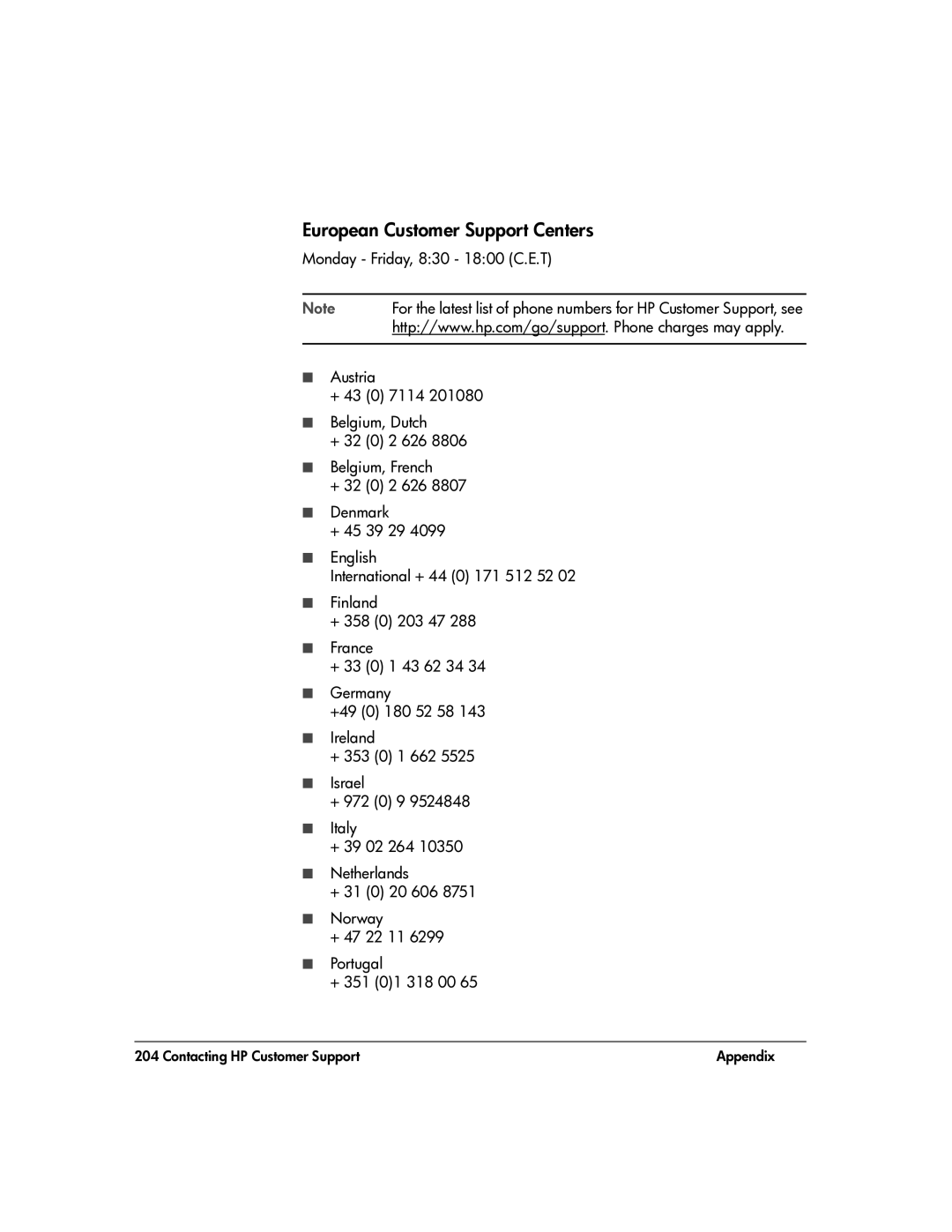 HP 20-Feb manual European Customer Support Centers, Monday Friday, 830 1800 C.E.T 