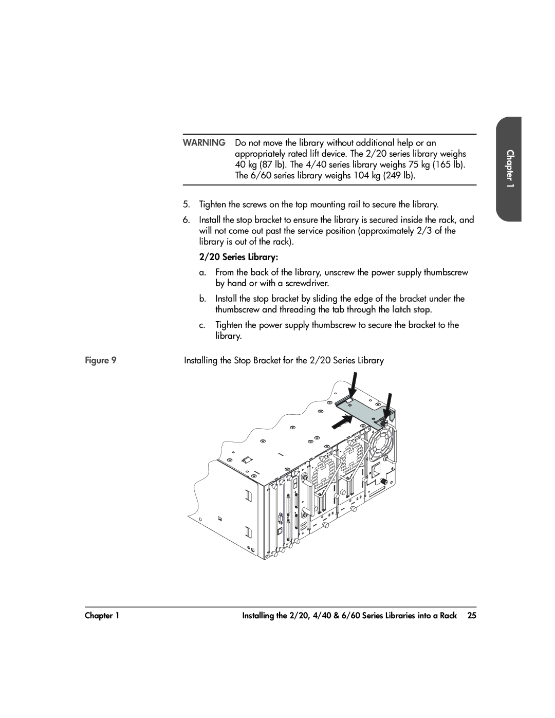 HP 20-Feb manual Installing the Stop Bracket for the 2/20 Series Library 