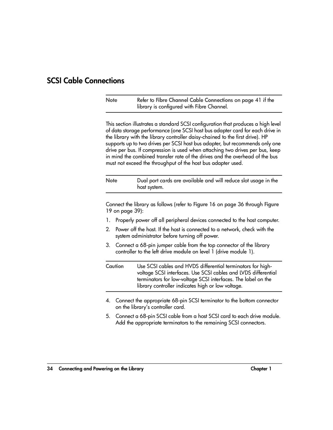 HP 20-Feb manual Scsi Cable Connections, Refer to Fibre Channel Cable Connections on page 41 if, Host system 