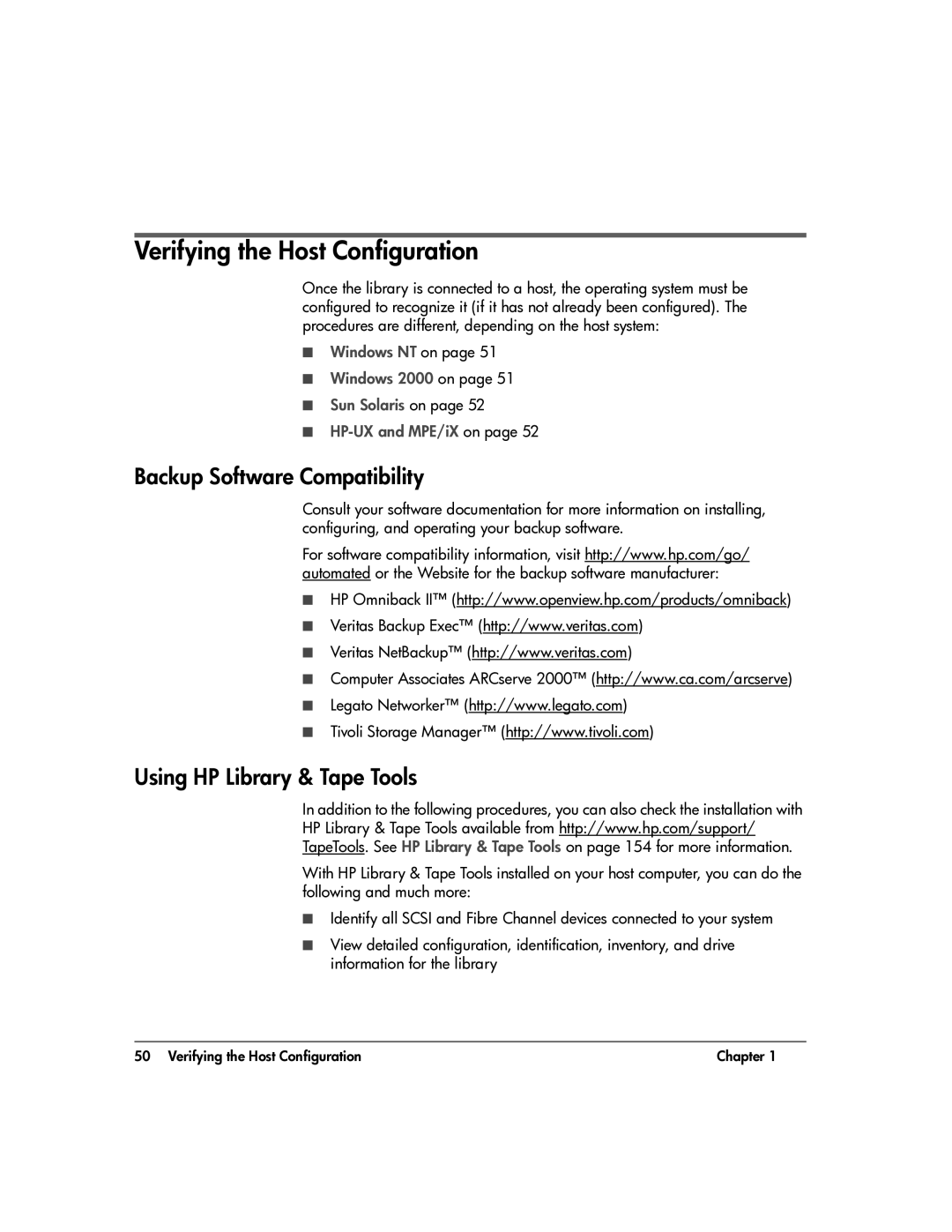 HP 20-Feb manual Verifying the Host Configuration, Backup Software Compatibility, Using HP Library & Tape Tools 