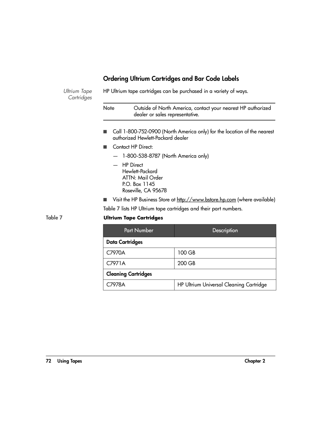 HP 20-Feb manual Ordering Ultrium Cartridges and Bar Code Labels, Part Number Description 