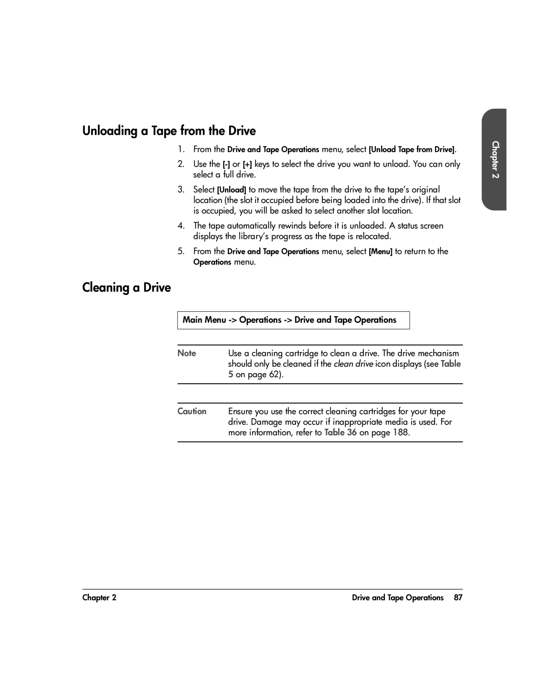 HP 20-Feb manual Unloading a Tape from the Drive, Cleaning a Drive, Main Menu Operations Drive and Tape Operations 