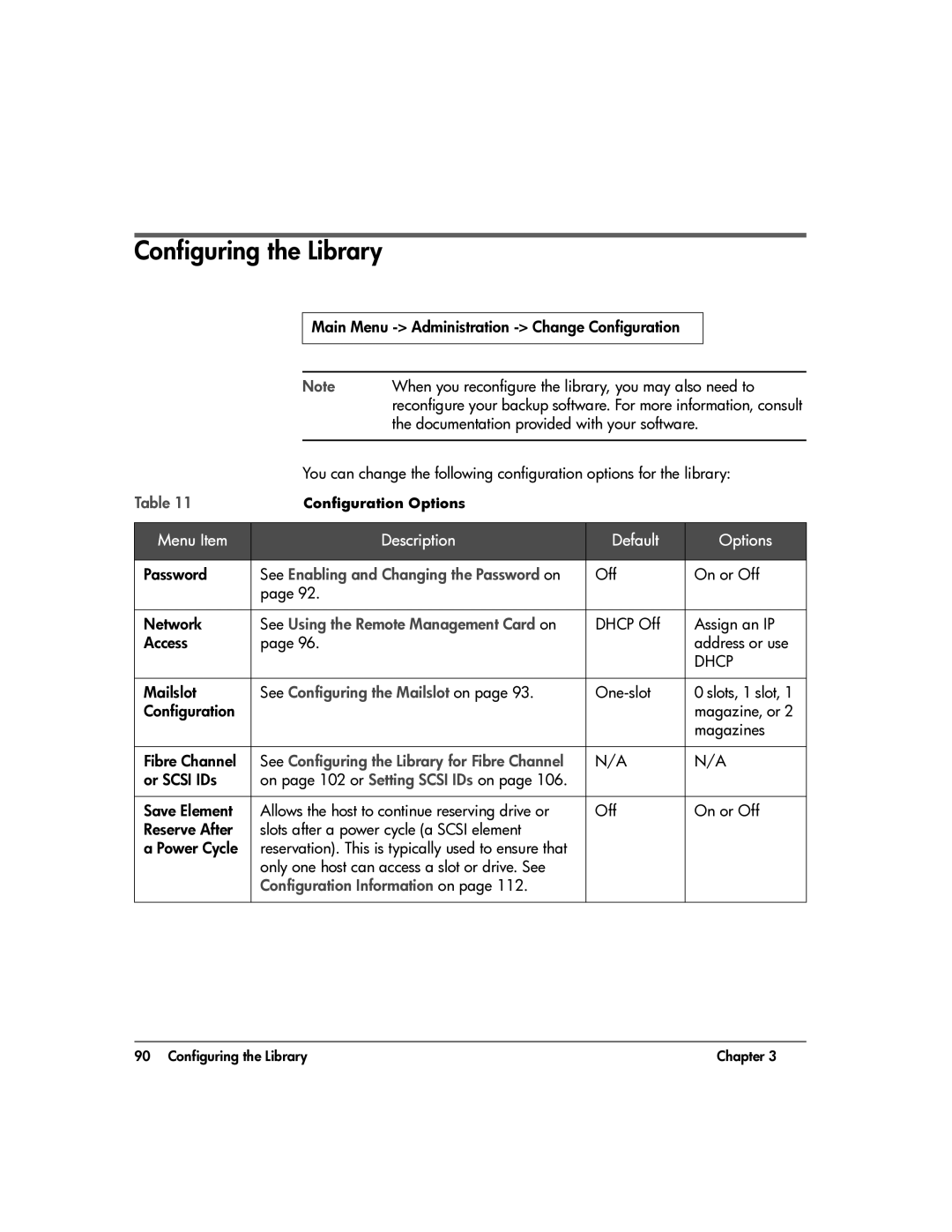 HP 20-Feb manual Configuring the Library, Menu Item Description Default Options, Dhcp 