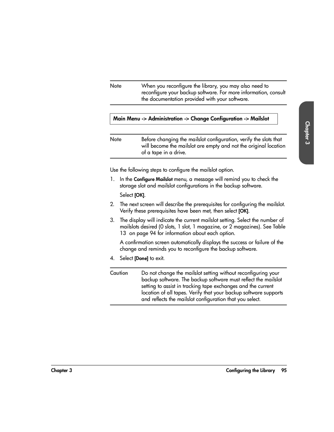 HP 20-Feb manual Main Menu Administration Change Configuration Mailslot, A tape in a drive 