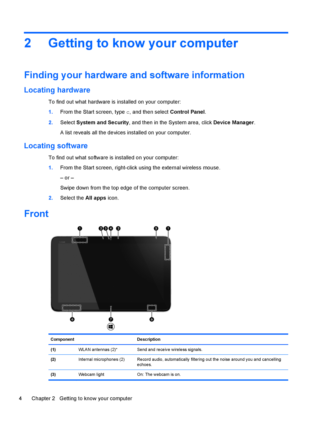 HP 20-k120us Mobile, 20-k127cl Mobile Getting to know your computer, Finding your hardware and software information, Front 