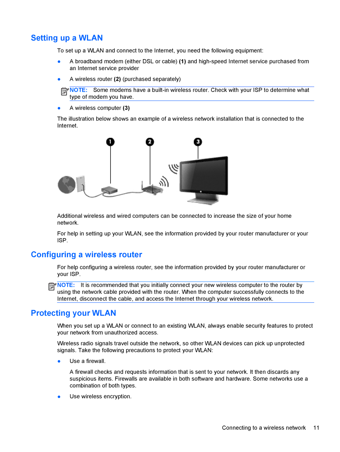 HP 20-k014ca Mobile, 20-k127cl Mobile manual Setting up a Wlan, Configuring a wireless router, Protecting your Wlan 