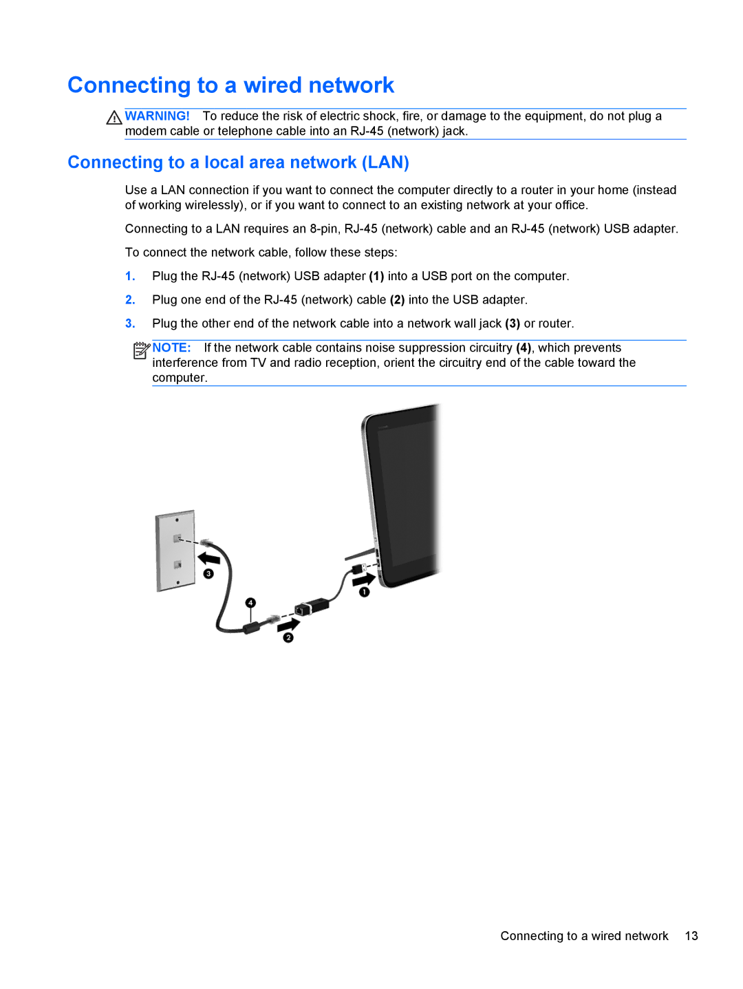 HP 20-k014us Mobile, 20-k127cl Mobile manual Connecting to a wired network, Connecting to a local area network LAN 