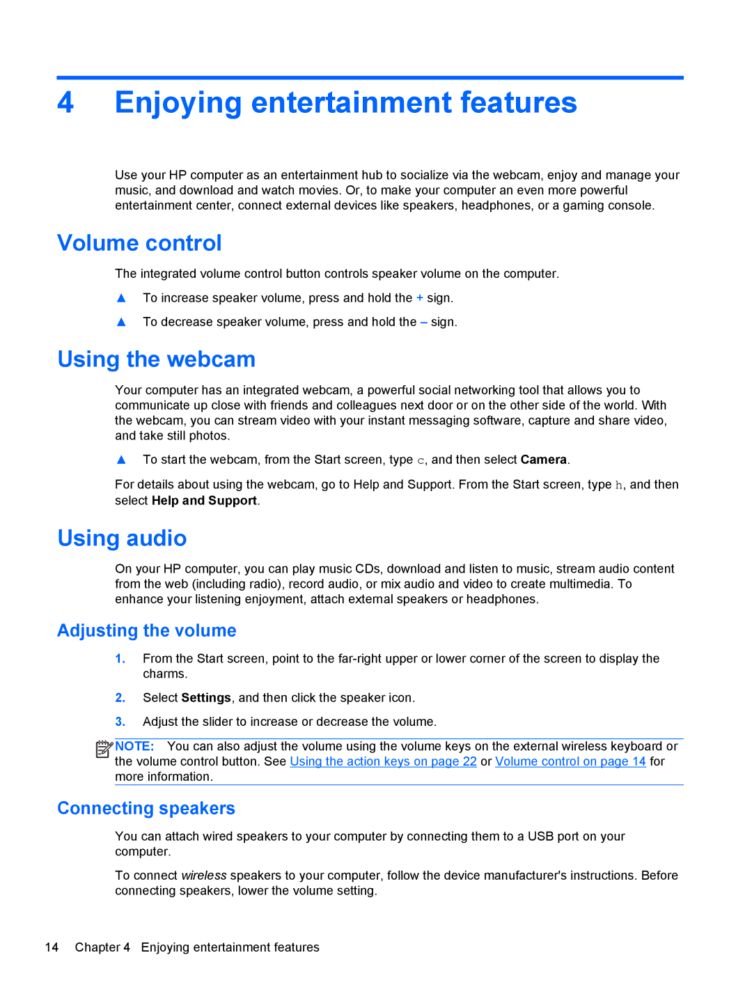 HP 20-k120us Mobile, 20-k127cl Mobile manual Enjoying entertainment features, Volume control, Using the webcam, Using audio 