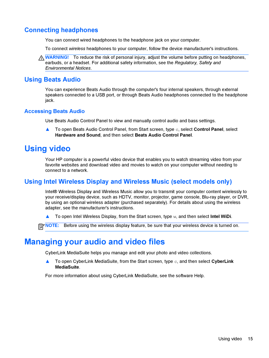 HP 20-k121us Mobile manual Using video, Managing your audio and video files, Connecting headphones, Using Beats Audio 