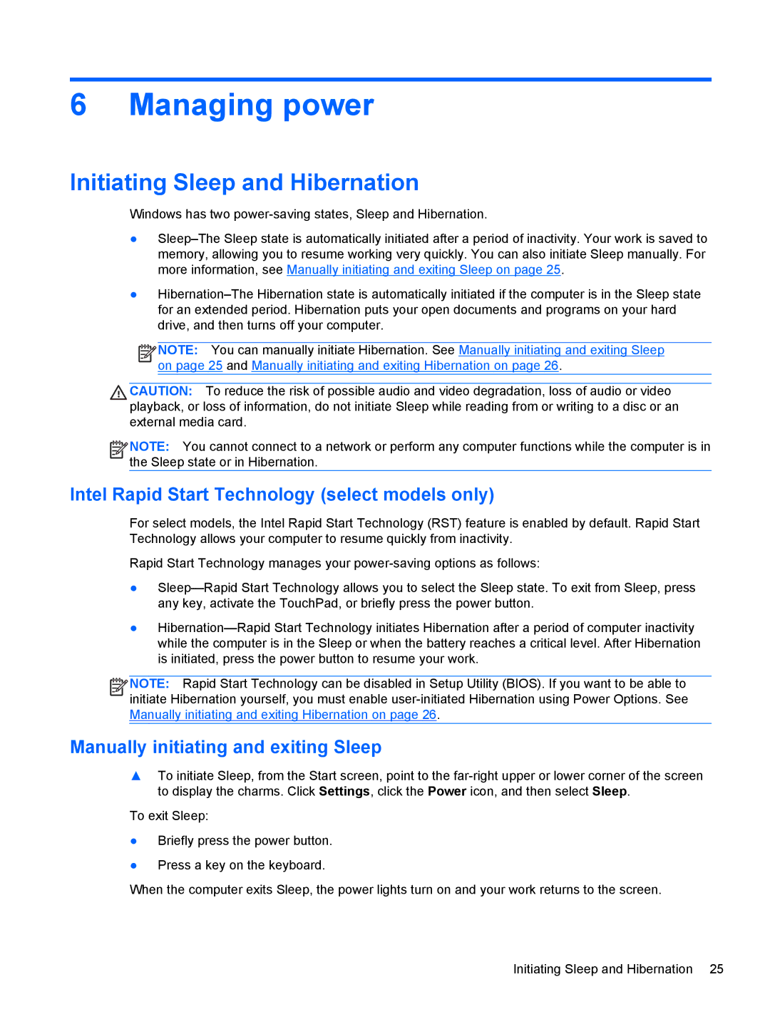 HP 20-k121us Mobile Managing power, Initiating Sleep and Hibernation, Intel Rapid Start Technology select models only 