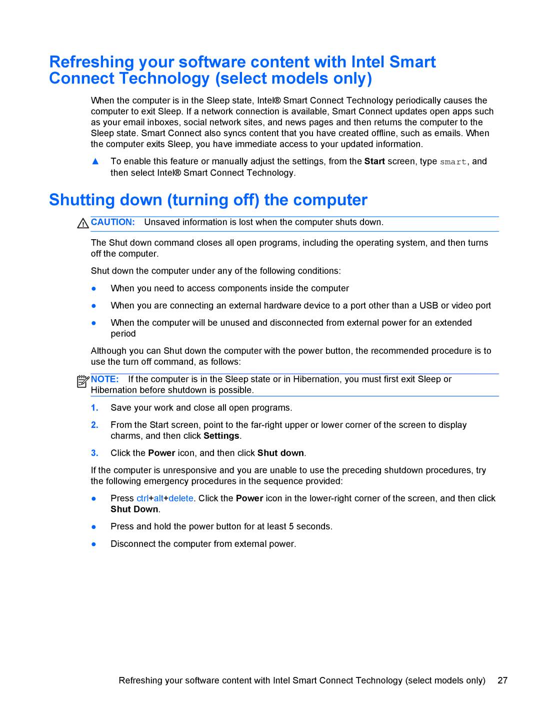 HP 20-k127cl Mobile, 20-k014us Mobile, 20-k120us Mobile, 20-k121us Mobile manual Shutting down turning off the computer 