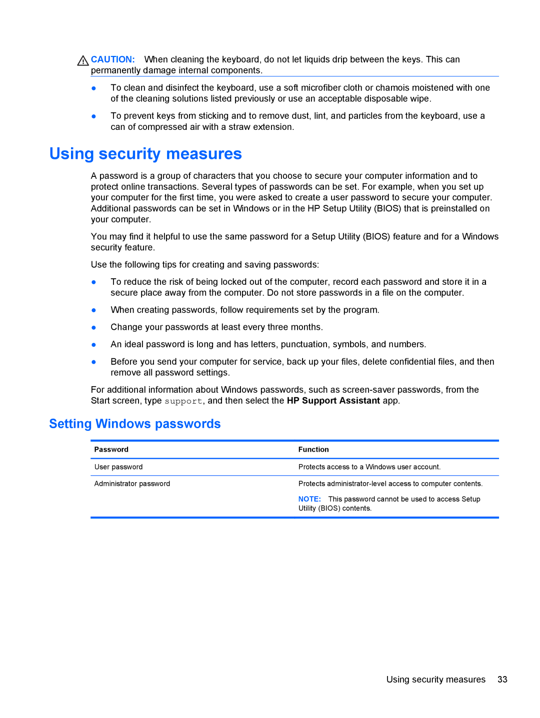 HP 20-k014us Mobile, 20-k127cl Mobile, 20-k120us Mobile, 20-k121us Mobile Using security measures, Setting Windows passwords 