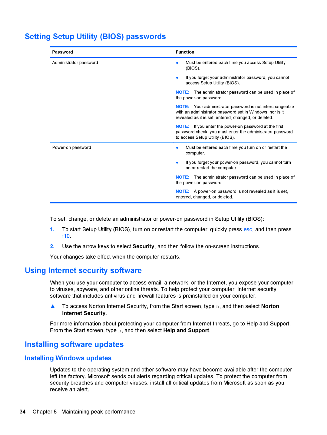 HP 20-k120us Mobile Setting Setup Utility Bios passwords, Using Internet security software, Installing software updates 
