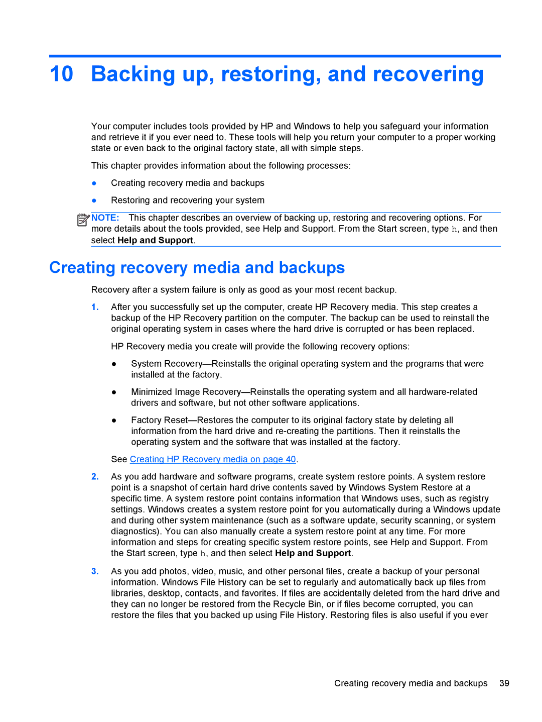 HP 20-k120us Mobile, 20-k127cl Mobile manual Backing up, restoring, and recovering, Creating recovery media and backups 