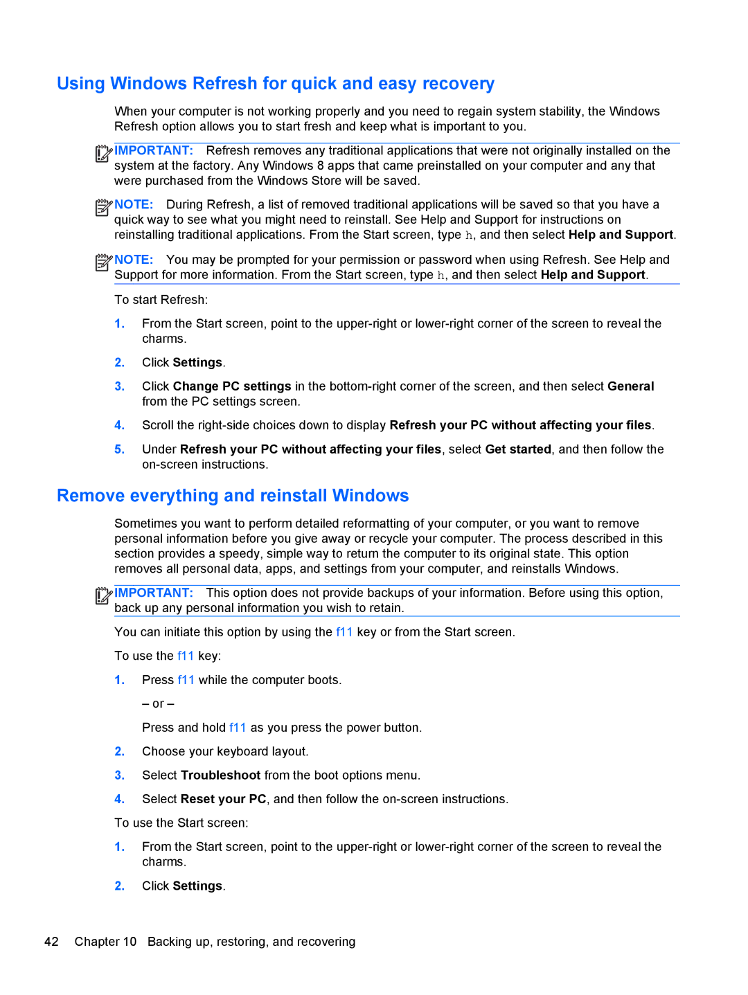 HP 20-k127cl Mobile manual Using Windows Refresh for quick and easy recovery, Remove everything and reinstall Windows 