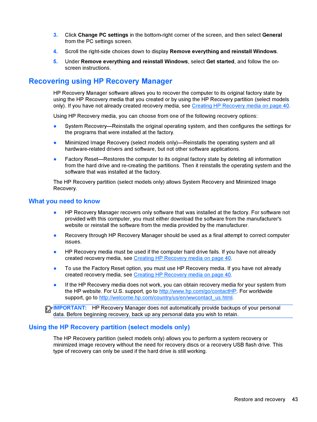 HP 20-k014us Mobile, 20-k127cl Mobile, 20-k120us Mobile manual Recovering using HP Recovery Manager, What you need to know 