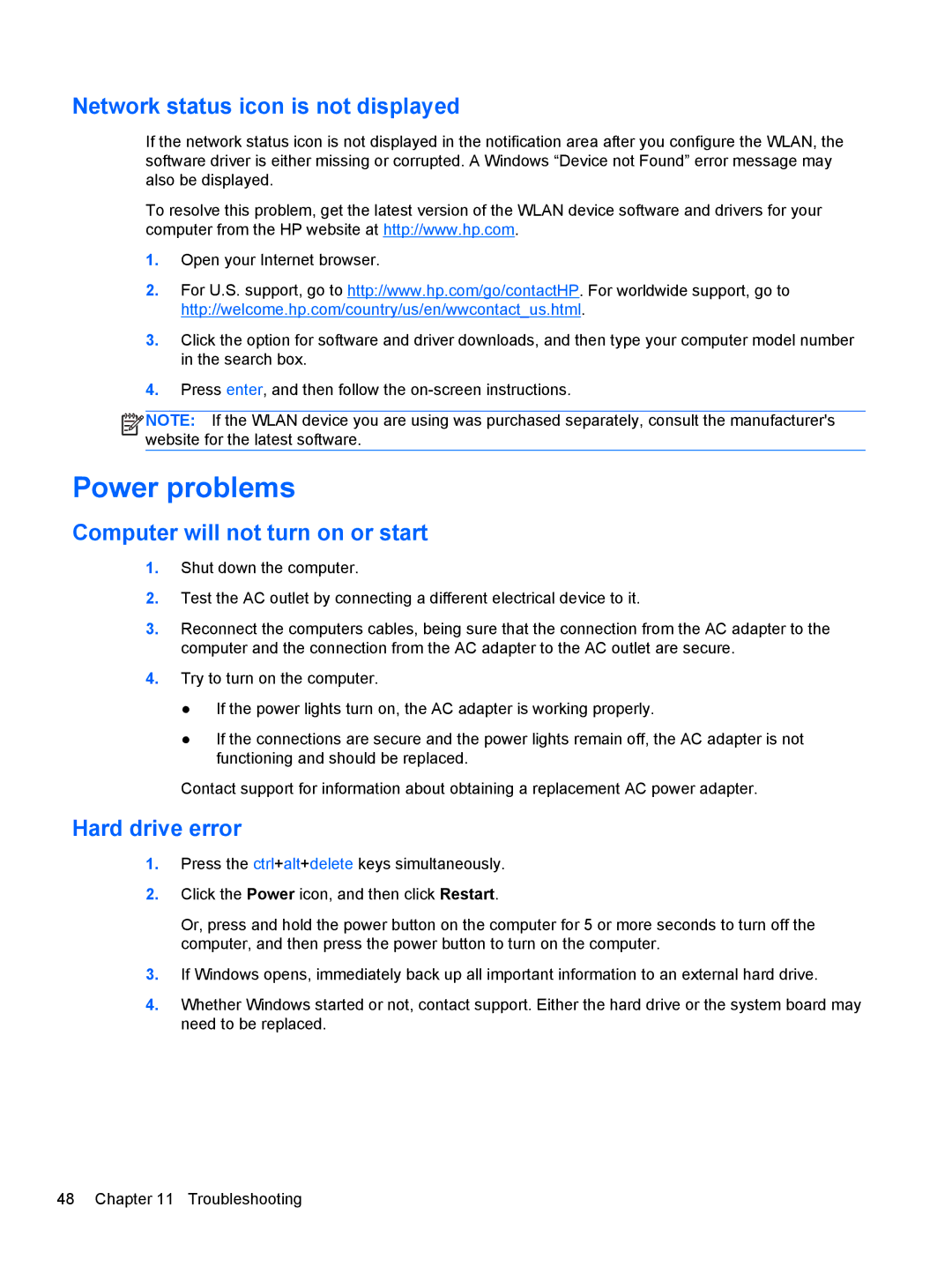 HP 20-k014us Mobile manual Power problems, Network status icon is not displayed, Computer will not turn on or start 