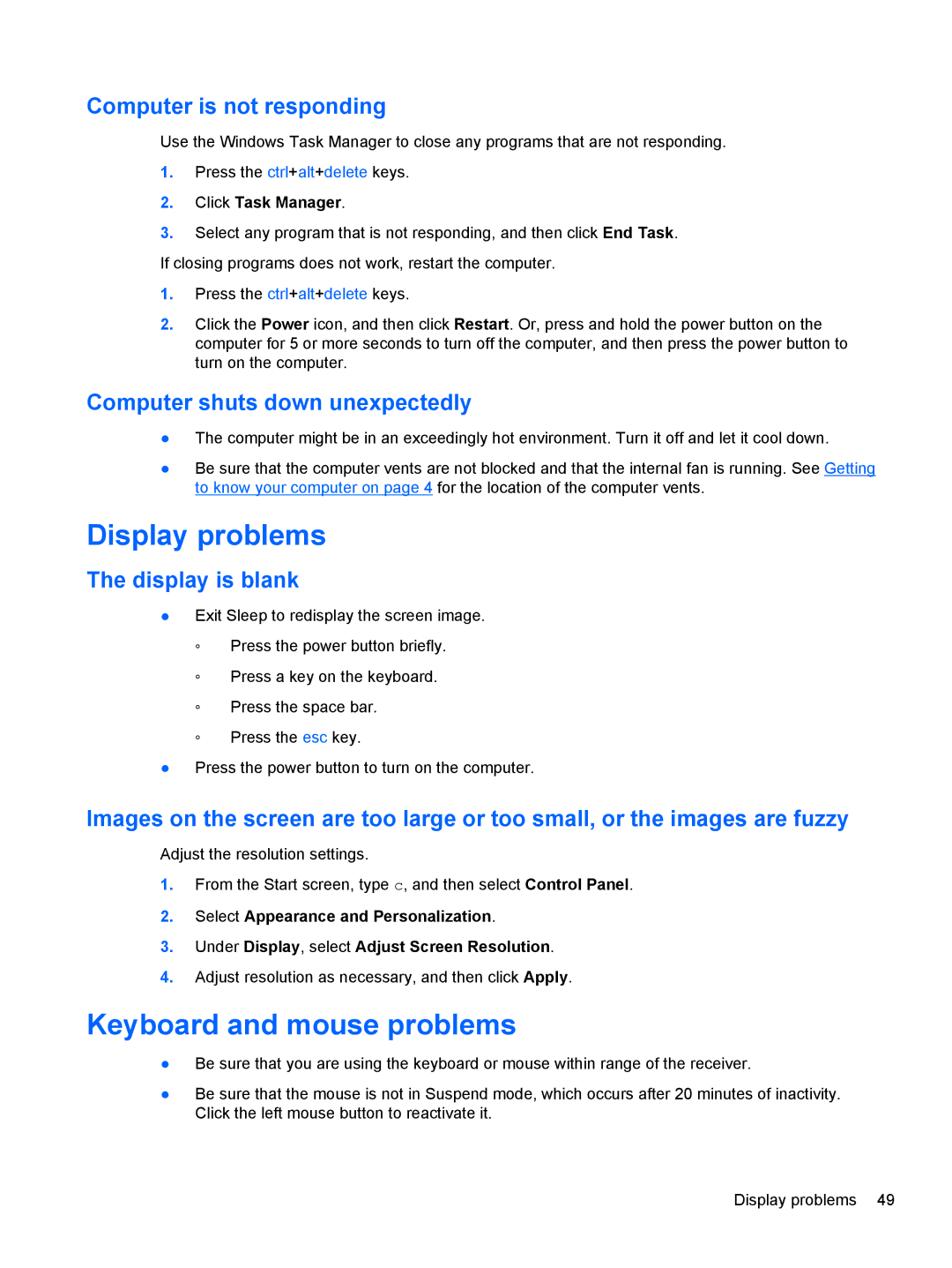 HP 20-k120us Mobile manual Display problems, Keyboard and mouse problems, Computer is not responding, Display is blank 