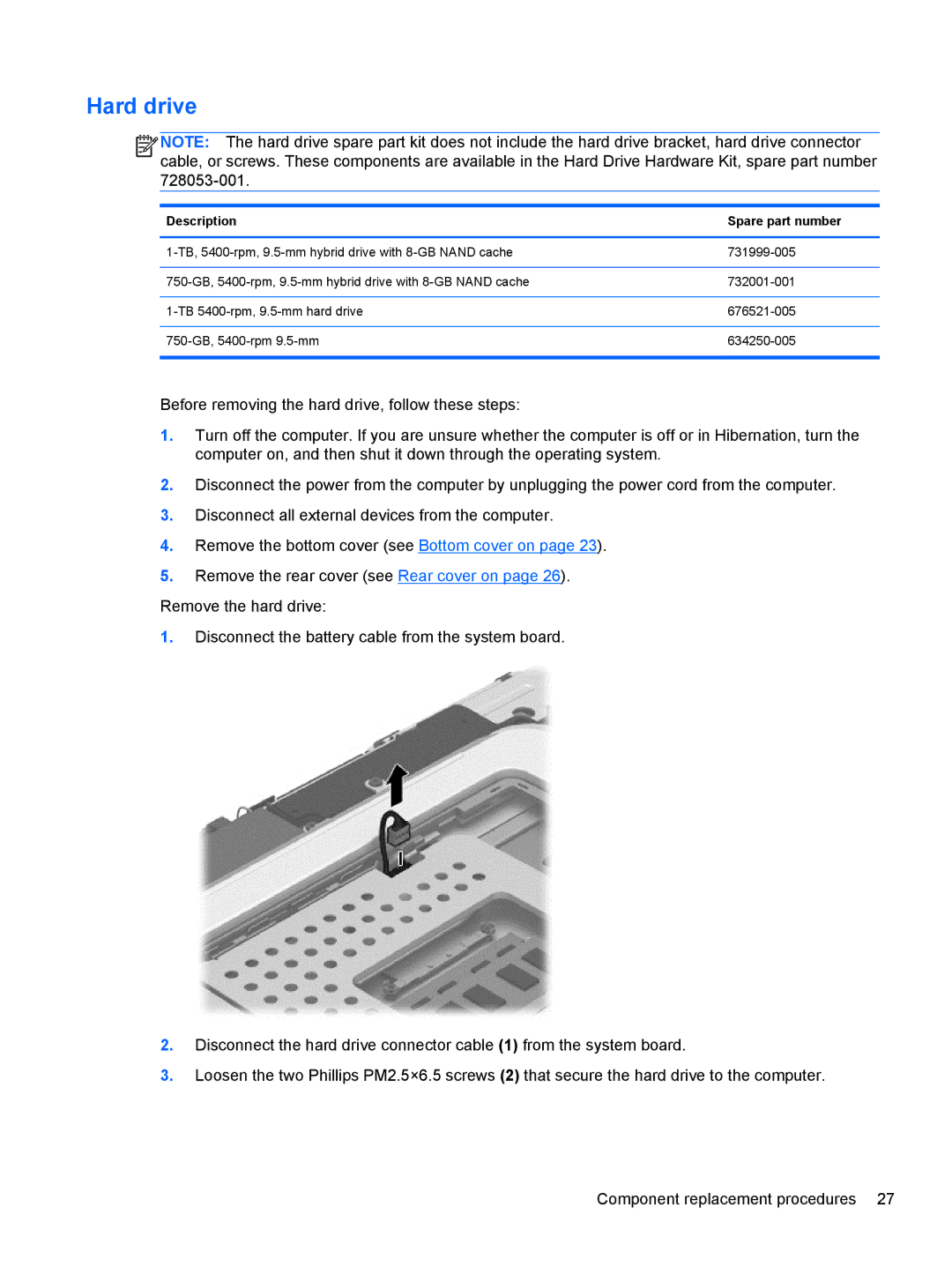 HP 20-k127cl Mobile, 20-k120us Mobile, 20-k121us Mobile, 20-k014ca Mobile manual Hard drive, Description Spare part number 