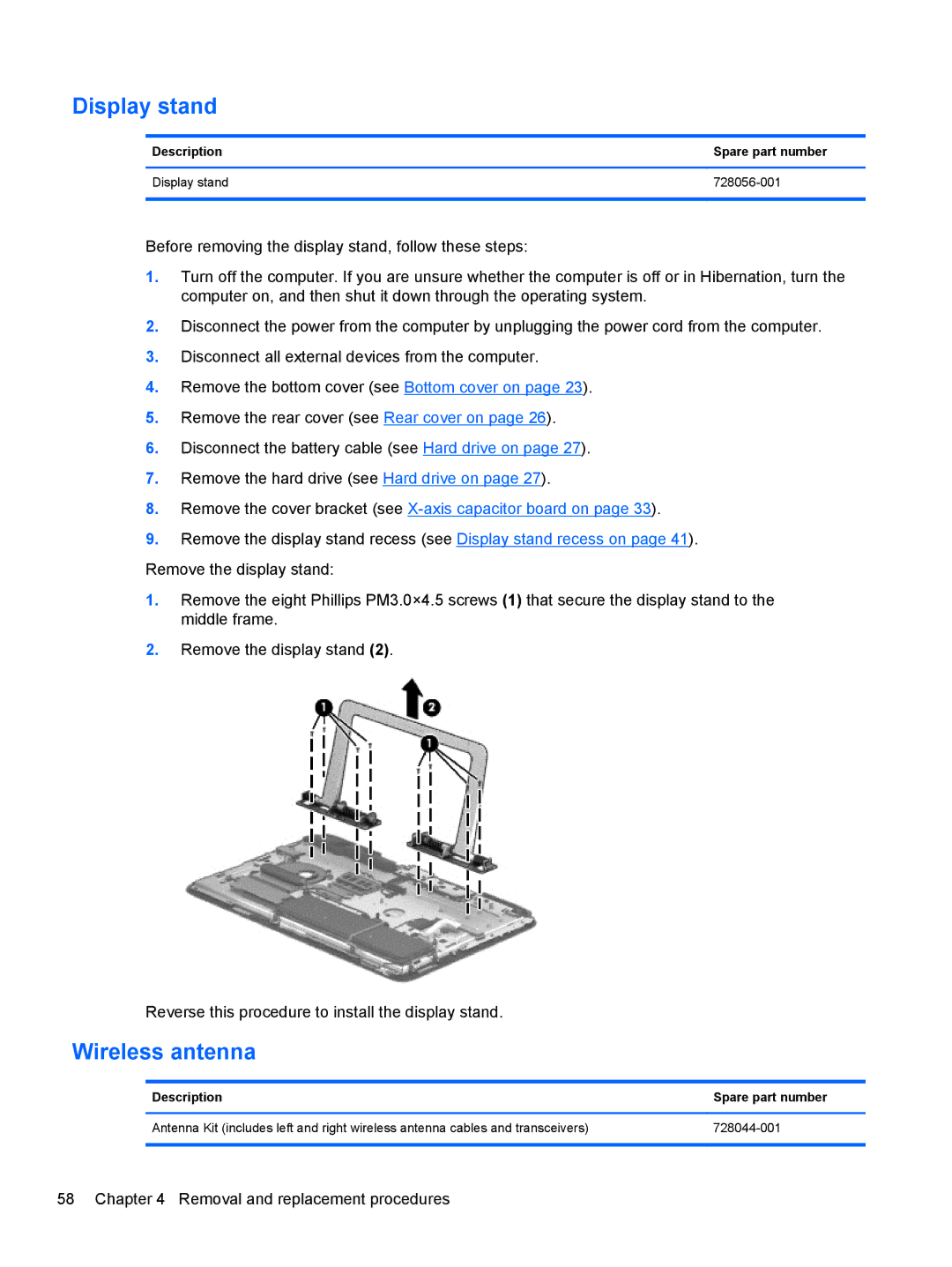 HP 20-k120us Mobile, 20-k127cl Mobile manual Wireless antenna, Description Spare part number Display stand 728056-001 