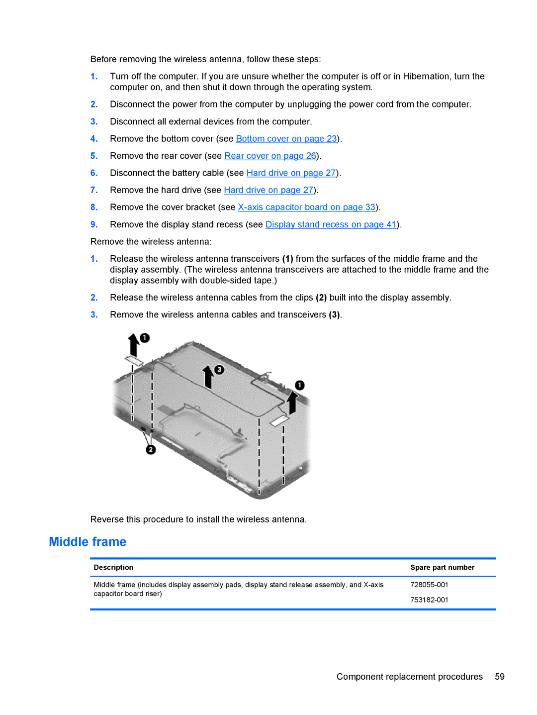 HP 20-k121us Mobile, 20-k127cl Mobile, 20-k120us Mobile, 20-k014ca Mobile manual Middle frame, Description Spare part number 