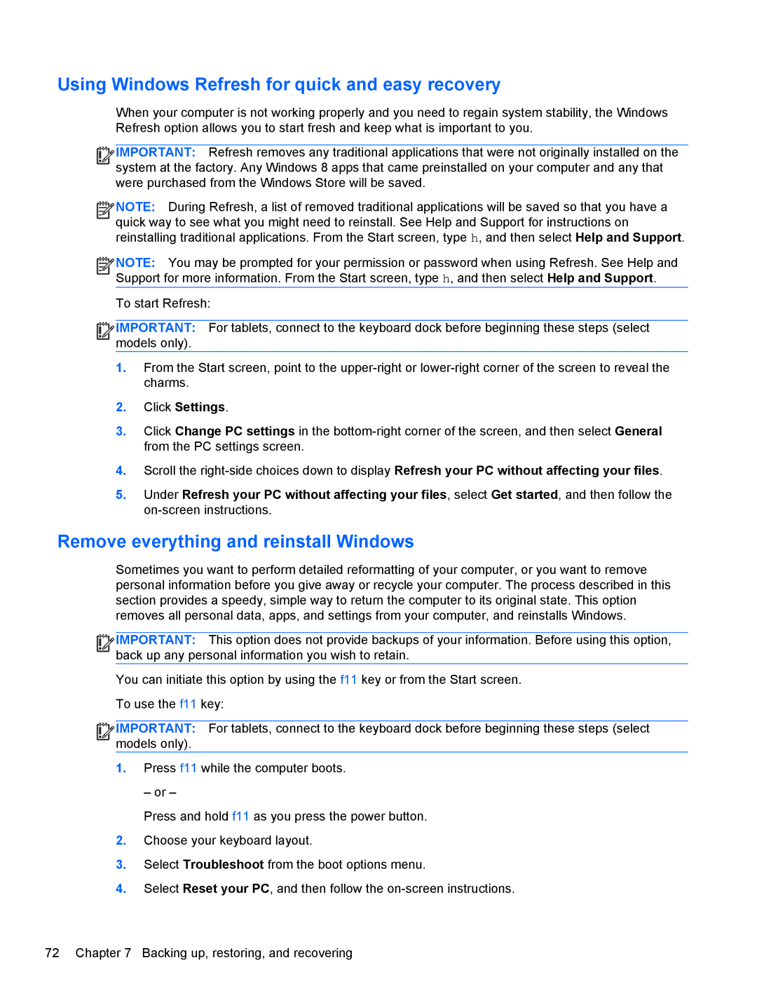 HP 20-k127cl Mobile manual Using Windows Refresh for quick and easy recovery, Remove everything and reinstall Windows 