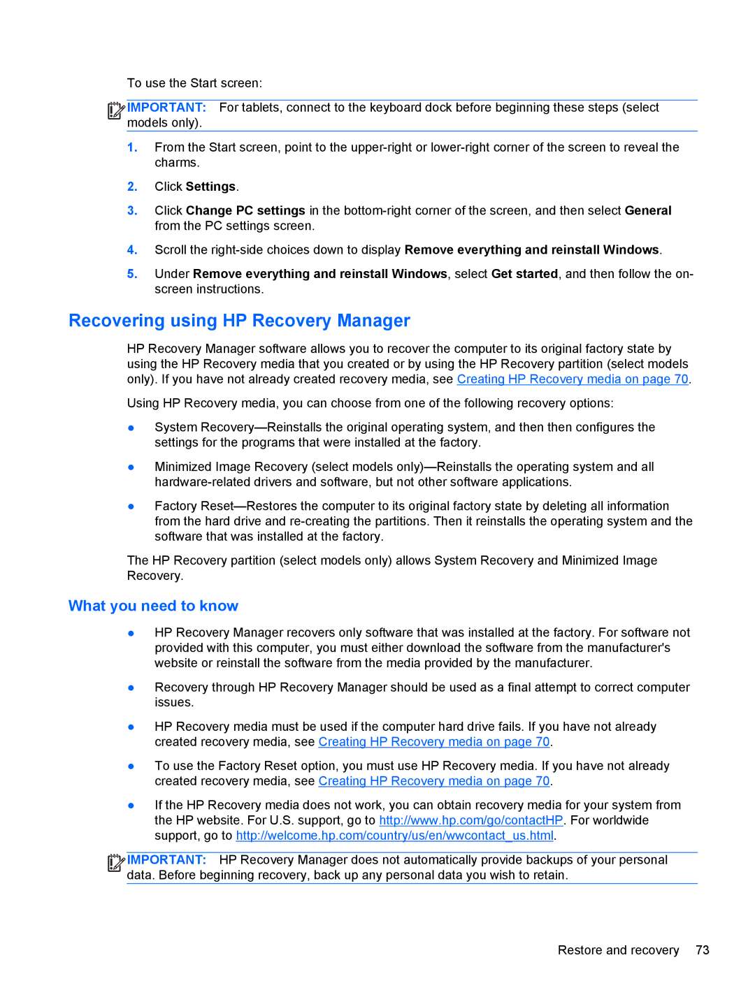 HP 20-k120us Mobile, 20-k127cl Mobile, 20-k121us Mobile manual Recovering using HP Recovery Manager, What you need to know 