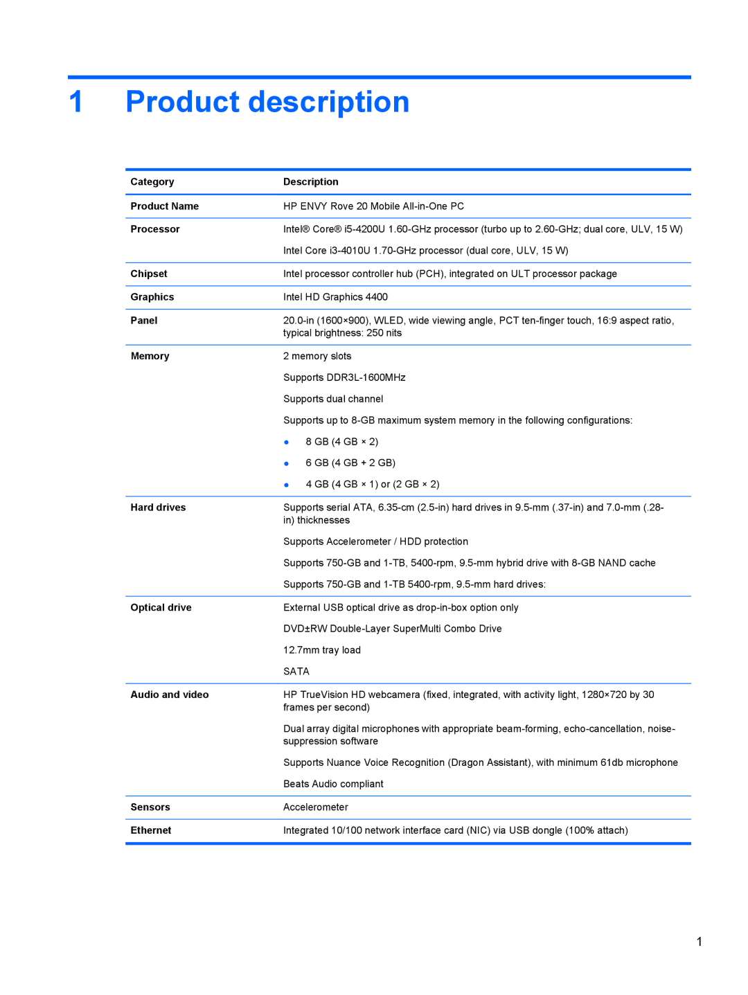 HP 20-k214 Mobile, 20-k127cl Mobile, 20-k120us Mobile, 20-k121us Mobile, 20-k014ca Mobile manual Product description 