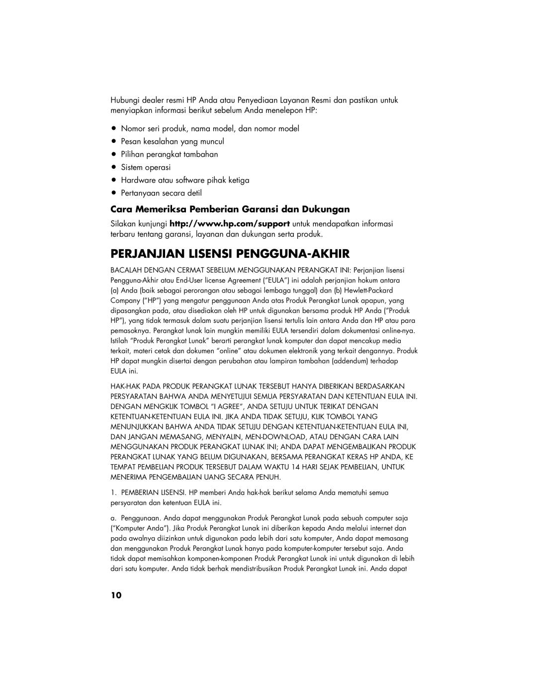 HP 200-5012d manual Perjanjian Lisensi PENGGUNA-AKHIR, Cara Memeriksa Pemberian Garansi dan Dukungan 