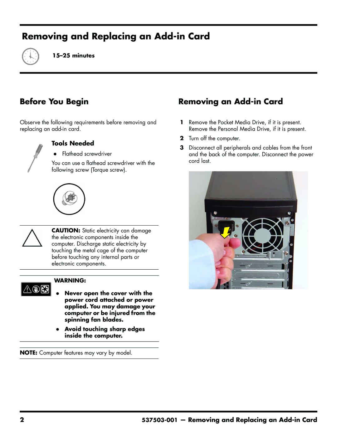 HP 200-5110 manual Removing an Add-in Card, Removing and Replacing an Add-in Card 