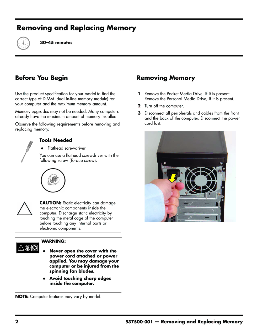 HP 200-5110 manual Before You Begin Removing Memory, Removing and Replacing Memory 