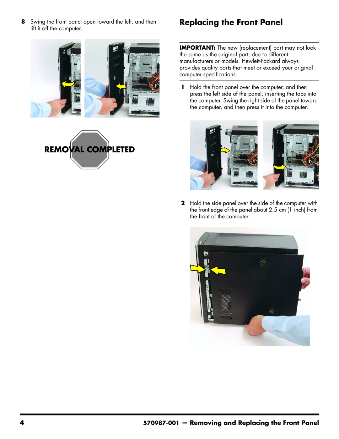 HP 200-5110 manual Replacing the Front Panel 