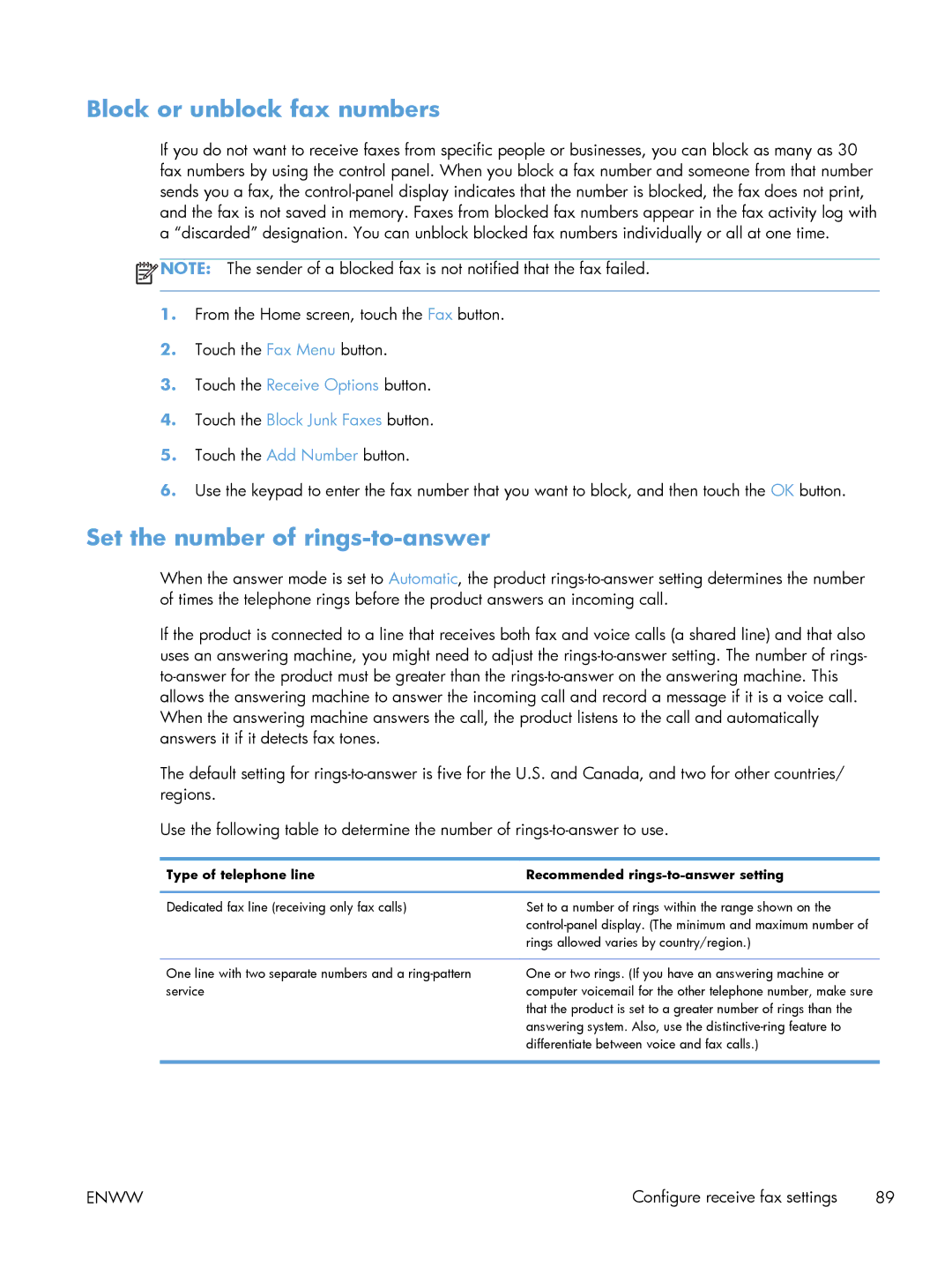 HP 200 color MFP M276nw manual Block or unblock fax numbers, Set the number of rings-to-answer, Type of telephone line 