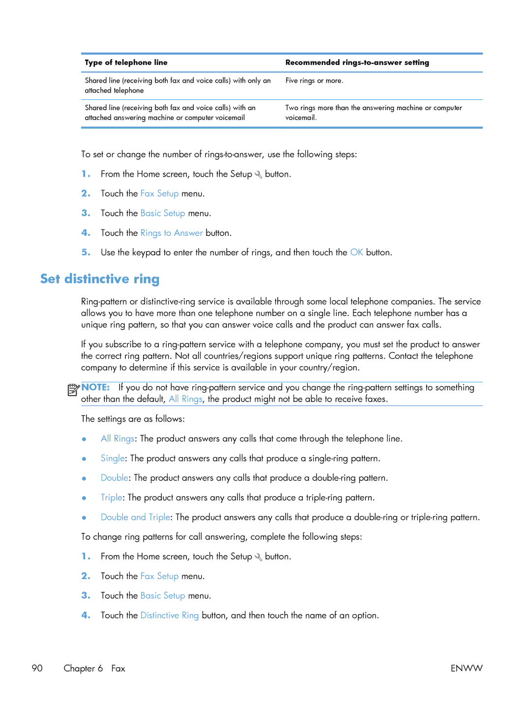 HP 200 color MFP M276nw manual Set distinctive ring, Type of telephone line Recommended rings-to-answer setting 